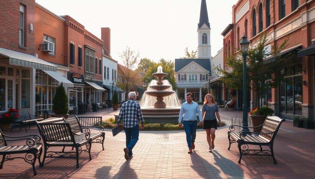 A cozy town square in New Franklin, Missouri, with quaint cafes, boutiques, and a picturesque fountain at the center. The mid-afternoon sun casts a warm, golden glow across the brick-paved paths and wrought-iron benches where couples stroll hand-in-hand. In the background, a historic theater marquee and the steeple of a charming church frame the scene, creating a charming, small-town ambiance perfect for a romantic date. The image is captured with a wide-angle lens, emphasizing the inviting atmosphere and the intimate scale of the setting.