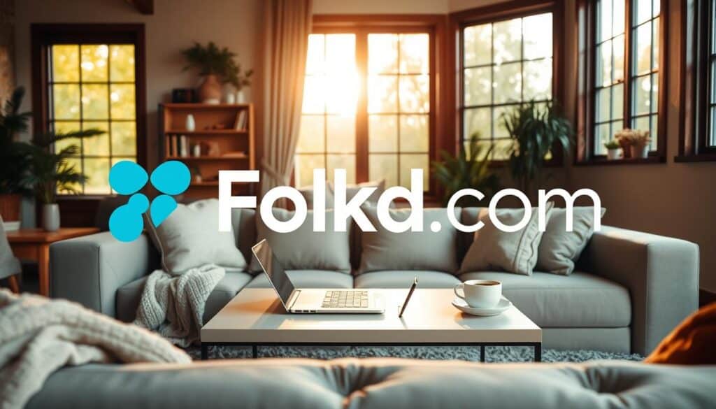 A cozy, inviting scene featuring the Folkd.com logo against a backdrop of a warm, sunlit living room. In the foreground, a comfortable couch with plush cushions and a soft throw blanket, creating an atmosphere of relaxation and companionship. The middle ground showcases a sleek, modern coffee table with a laptop and a cup of coffee, symbolizing the ease of using the platform to connect with potential partners. In the background, large windows let in natural light, illuminating the room and conveying a sense of openness and possibility. The overall mood is one of contentment, comfort, and the promise of meaningful connections.