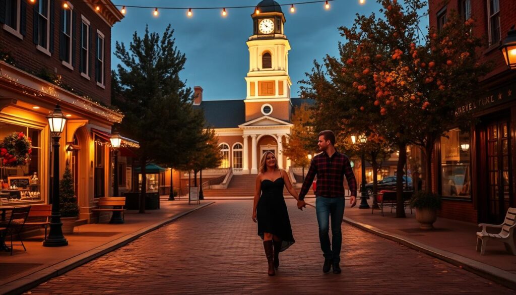 A romantic and cozy date night in Blue Summit, Missouri. A couple strolling hand-in-hand along a charming cobblestone street, passing by quaint cafes and boutiques with twinkling string lights overhead. In the background, the historic town square with a grand clocktower and lush trees in autumnal hues. Warm lighting from streetlamps and candlelit windows casts a soft, intimate glow over the scene. The mood is relaxed, unhurried, and filled with the promise of an unforgettable evening together.
