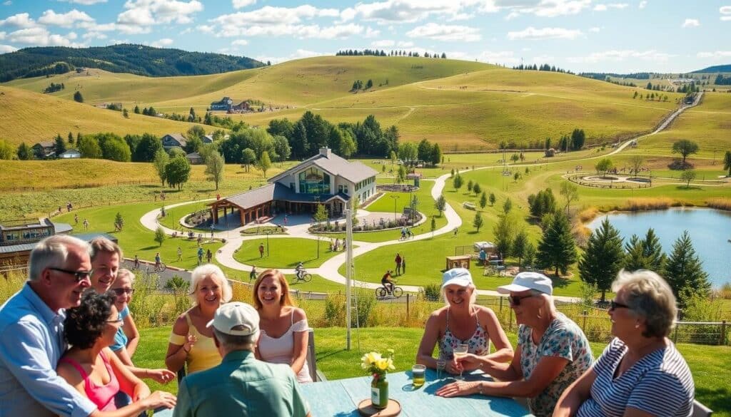 A vibrant, sun-dappled scene of an Edmundson singles community nestled against a backdrop of lush, rolling hills. In the foreground, a group of residents enjoying an outdoor picnic, their laughter and camaraderie palpable. The middle ground features a well-maintained community center, its modern architecture blending seamlessly with the natural landscape. Joggers and cyclists populate the winding paths, while a nearby dog park bustles with activity. The background unveils a serene lake, its calm waters reflecting the azure sky above. The overall atmosphere exudes a sense of warmth, community, and the perfect balance of tranquility and liveliness that makes Edmundson an exceptional destination for single residents.