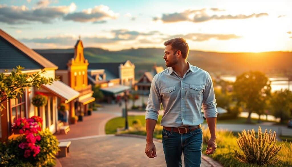 A romantic couple strolling down the charming streets of Paris, Missouri, the small-town charm emanating from the quaint buildings and lush greenery. In the foreground, the pair walks hand-in-hand, their faces illuminated by the warm, golden glow of a sunset. The middle ground features a picturesque town square, with a historic gazebo and local shops adorned with flower-filled window boxes. In the background, rolling hills and a tranquil lake create a serene, countryside backdrop, conveying the peaceful, relaxed atmosphere of this Midwestern haven for singles seeking a cozy, intimate setting for their date.