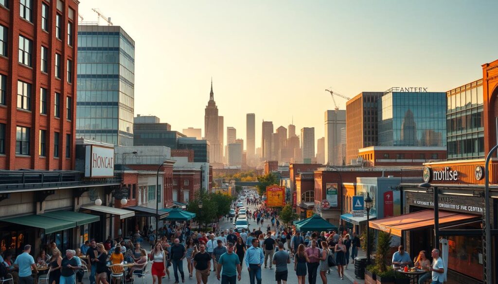 A bustling cityscape with vibrant energy, showcasing the top nearby cities for dating near Ash Grove, Missouri. The foreground features a lively street scene with people strolling, dining at outdoor cafes, and socializing. The middle ground includes a mix of modern high-rises, historic buildings, and trendy shops. In the background, a scenic skyline with towering skyscrapers and a clear, golden-hour sky, creating a warm and inviting atmosphere. The image is captured with a wide-angle lens, providing a comprehensive view of the dynamic urban landscape, perfect for highlighting the dating opportunities in the region.