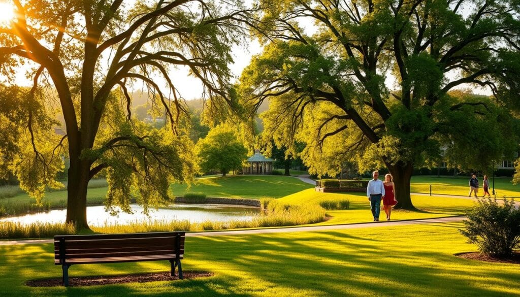 A lush, verdant Ash Grove setting bathed in warm, golden afternoon sunlight. In the foreground, a tranquil park bench nestled amidst a picturesque grove of towering ash trees, their branches swaying gently in a soft breeze. Couples stroll hand-in-hand along winding paths, pausing to admire the serene pond reflecting the surrounding foliage. In the middle ground, a charming gazebo sits atop a slight rise, offering panoramic views and an inviting spot for intimate conversations. The background frames the scene with rolling hills dotted with quaint homes, suggesting the peaceful, small-town ambiance of Ash Grove, Missouri.