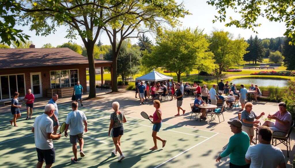 A bustling community center in the heart of Steele, Missouri, bathed in warm afternoon sunlight. In the foreground, a lively group of locals engaged in a spirited game of pickleball on a well-maintained court. The middle ground features a thriving outdoor cafe, where singles mingle over cups of locally-roasted coffee and homemade pastries. In the background, a beautifully landscaped park with lush green trees and a tranquil pond, providing a serene backdrop for casual strolls and chance encounters. The overall atmosphere exudes a sense of vibrant community spirit and ample opportunities for Steele's singles to connect and socialize.