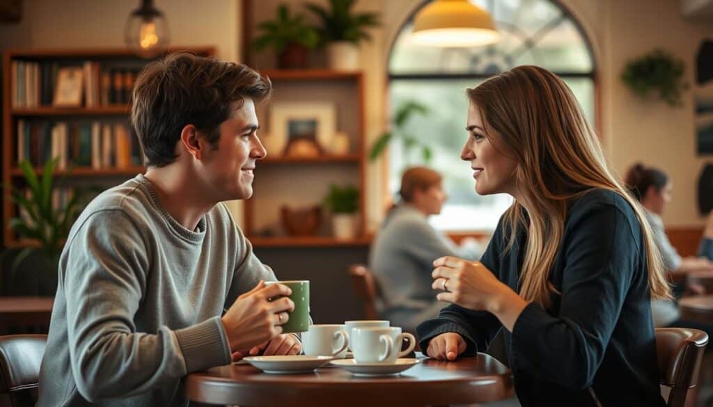 A well-lit, mid-framed scene depicting two individuals engaged in thoughtful conversation over coffee at a cozy Lakeshire cafe. The couple is dressed casually, exuding an air of comfort and trust. Warm lighting casts a soft glow, creating an inviting and relaxed atmosphere. In the background, a bookshelf and potted plants add a sense of homeliness, while the cafe's wooden furnishings and gentle chatter suggest a safe, welcoming environment for a first date. The overall composition conveys an image of safe, respectful dating practices in the Lakeshire area.