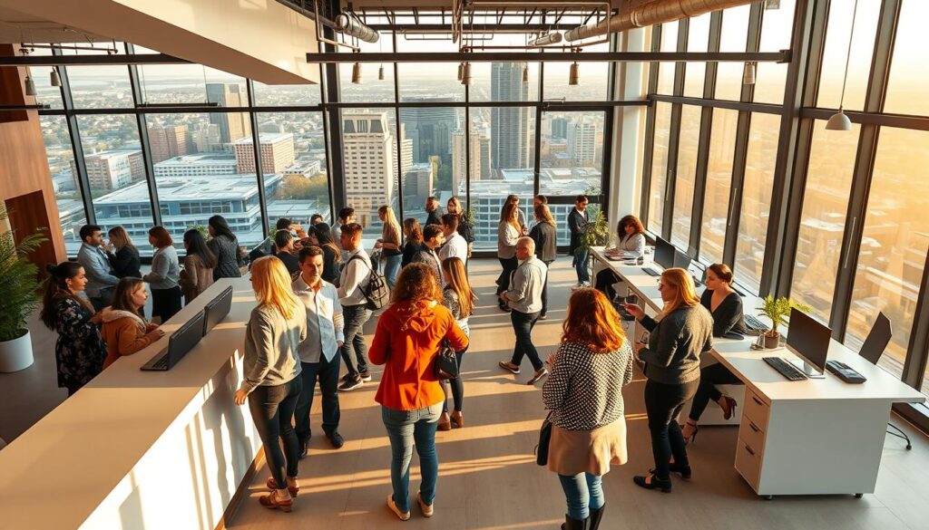 A lively scene of a modern dating site office in Cedar Hill, Missouri. The foreground features a group of diverse singles gathered around a sleek, minimalist reception desk, engaged in friendly conversation and exchanging contact information. In the middle ground, stylish workstations line the walls, where matchmakers and customer service agents assist clients. The background showcases the vibrant cityscape of Cedar Hill through large windows, bathed in warm, golden afternoon light. The overall atmosphere is one of energy, optimism, and the promise of new connections. Captured with a wide-angle lens to convey the bustling, professional environment of this top-rated local dating service.