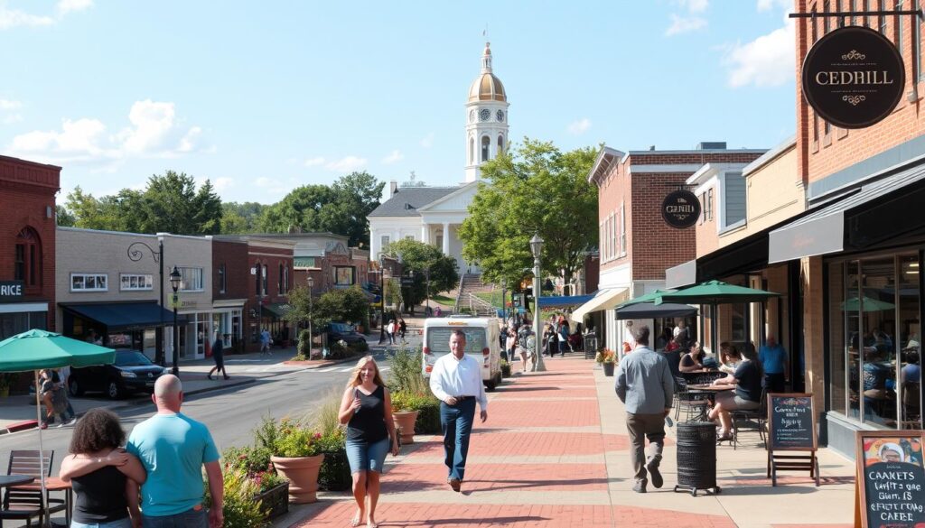 a cityscape of Cedar Hill, Missouri on a sunny afternoon, with couples strolling along a vibrant main street lined with quaint shops, cafes, and boutiques, a picturesque town square in the background featuring a historic courthouse and lush green spaces, couples enjoying outdoor seating at cozy cafes, and young professionals mingling at trendy bars, all captured with a warm, inviting cinematic lens that highlights the charming and lively atmosphere of this small-town setting ideal for singles dating.