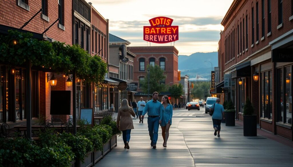 A bustling downtown street in Campbell, Missouri, bathed in warm evening light. Couples stroll hand-in-hand, passing by quaint shops and lively cafes. In the foreground, a cozy outdoor patio with twinkle lights and lush greenery sets the mood for an intimate date night. The middle ground features a historic brick building housing a popular local brewery, its vibrant neon sign reflecting on the damp pavement. In the distance, the silhouettes of the Ozark foothills form a picturesque backdrop, adding to the serene, small-town ambiance. Soft, golden hour lighting lends a romantic, dreamy quality to the scene, capturing the essence of dating in this charming Midwest town.