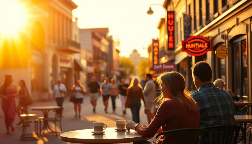 A vibrant city street in Huntsville, Missouri, bathed in warm, golden sunset light. In the foreground, a young couple sitting at a cozy outdoor cafe, engaged in animated conversation over cups of coffee. In the middle ground, groups of friends strolling along the sidewalk, window-shopping at the charming local boutiques. In the background, the silhouettes of historic buildings and the glow of neon signs hinting at the nightlife to come. A sense of community, connection, and the promise of new possibilities in the air, reflecting the allure of online dating for Huntsville's singles.