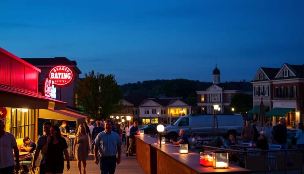 A vibrant cityscape at dusk, capturing the bustling energy of nearby dating hotspots in Huntsville, Missouri. In the foreground, couples stroll along a lively promenade, illuminated by the warm glow of cafe lights and neon signs. The middle ground features a cozy outdoor lounge area, where laughter and conversation fill the air. In the background, the silhouettes of historic buildings and a picturesque town square set the scene, hinting at the charming and inviting atmosphere that awaits those seeking romantic connections. Soft, diffused lighting creates a dreamy, intimate ambiance, drawing the viewer into this vibrant and engaging social landscape.