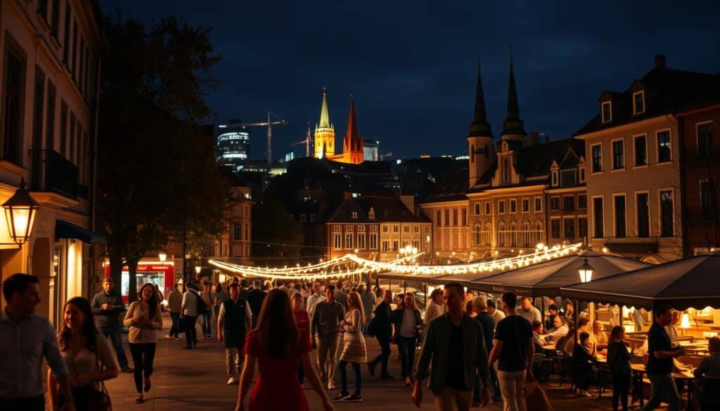 An intimate nighttime scene in nearby cities, captured through the lens of a wistful romantic. In the foreground, couples strolling hand-in-hand down softly lit streets, their faces aglow with the flutter of first encounters. In the middle ground, a bustling town square, where laughter and music spill from open-air cafes, friends and lovers mingling under the warm glow of string lights. And in the distance, the silhouettes of skyscrapers and church spires, a backdrop of urban sophistication to this tableau of connection and companionship. The atmosphere is one of electric possibility, of hearts open to the promise of new relationships, all within the welcoming embrace of the neighboring towns.