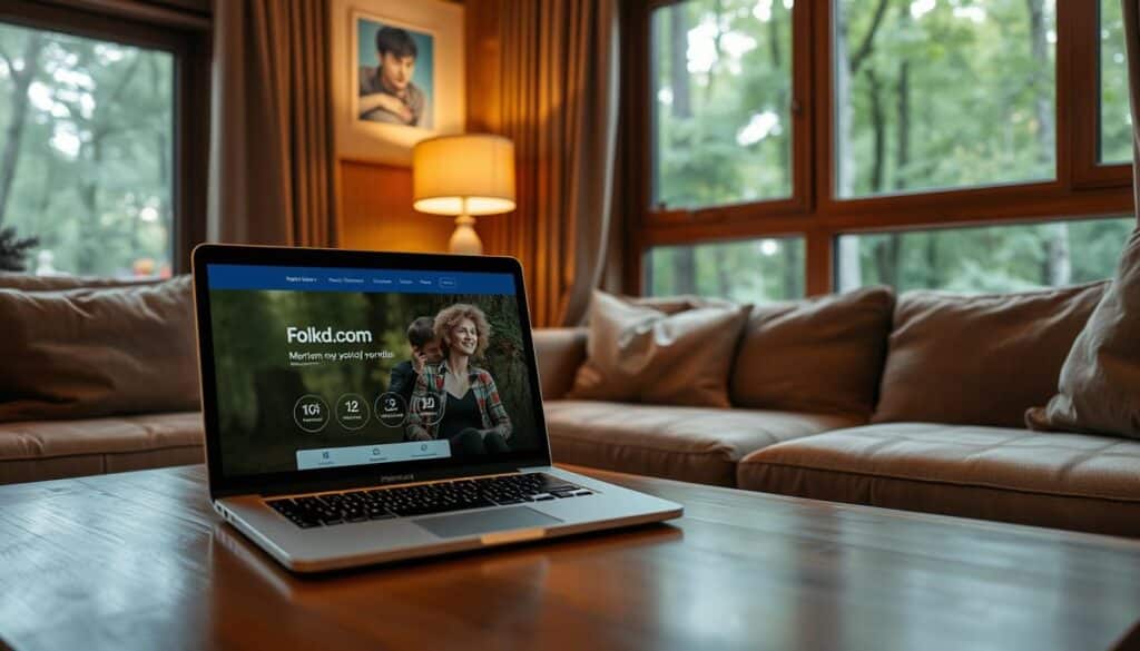 A cozy living room with a warm, inviting atmosphere. In the foreground, a laptop sits open on a wooden coffee table, its screen displaying the Folkd.com dating website. Plush, earth-toned furnishings surround the space, creating a sense of comfort and relaxation. The lighting is soft and indirect, with a table lamp casting a gentle glow. Through a large window in the background, a lush, verdant forest of Merriam Woods can be seen, hinting at the serene, natural setting. The overall mood is one of tranquility and the promise of meaningful connections.