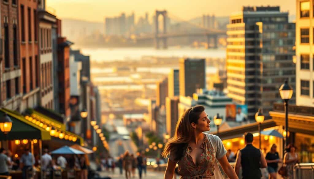 A vibrant cityscape at golden hour, showcasing the dating adventures of singles in nearby cities. In the foreground, a couple enjoying a romantic stroll along a bustling street, lit by the warm glow of street lamps. In the middle ground, lively cafes and bars with people mingling and laughing. In the background, a sprawling skyline of skyscrapers and bridges, hinting at the endless possibilities for exploration and connection. The scene is captured with a cinematic, slightly hazy lens, creating a dreamlike, atmospheric quality that invites the viewer to imagine themselves immersed in the excitement of urban dating.