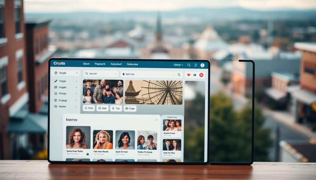A vibrant and user-friendly online dating site interface, featuring a warm and inviting color palette of soft blues and greys. The foreground showcases a sleek, intuitive dashboard with clean typography and easy-to-navigate menus. The middle ground features profile thumbnails of potential matches, showcasing a diverse array of singles from the Sparta, Missouri area. The background depicts a subtle, blurred cityscape with a cozy, small-town atmosphere, conveying a sense of community and connection. Soft, diffused lighting creates a welcoming ambiance, while the camera angle suggests an elevated, bird's-eye view for an immersive and accessible user experience.