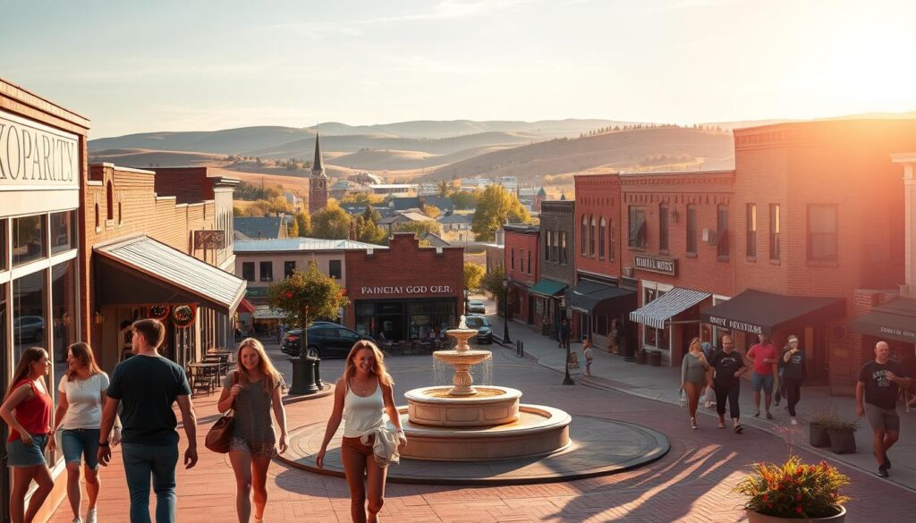 A lively, thriving city street in Sparta, Missouri, under the warm glow of the setting sun. In the foreground, young singles stroll along the sidewalk, chatting and laughing as they window shop and explore local eateries. In the middle ground, a charming town square with a historic fountain, surrounded by quaint brick buildings housing trendy cafes, boutiques, and bars. The background features the silhouettes of rolling hills and a picturesque skyline, creating a cozy, small-town ambiance. Soft lighting, a golden-hour palette, and a sense of vibrant community and youthful energy permeate the scene, inviting viewers to imagine the perfect date night in this inviting Midwestern town.