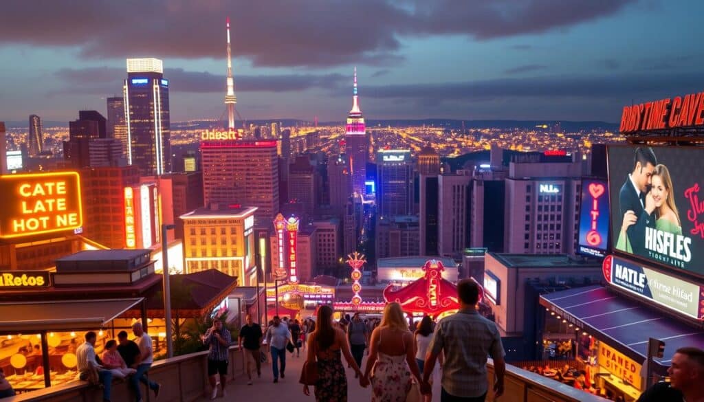 A bustling cityscape with towering skyscrapers, vibrant neon lights, and a lively nightlife scene. In the foreground, couples stroll hand-in-hand, enjoying the energy of the urban environment. The middle ground features a mix of restaurants, cafes, and entertainment venues, inviting potential partners to explore and connect. In the background, the silhouettes of neighboring cities can be seen, hinting at the abundance of dating opportunities within the region. The image is captured with a wide-angle lens, showcasing the depth and scope of the metropolitan area. Warm, golden lighting creates a welcoming and romantic atmosphere, perfect for a night out or a first date.