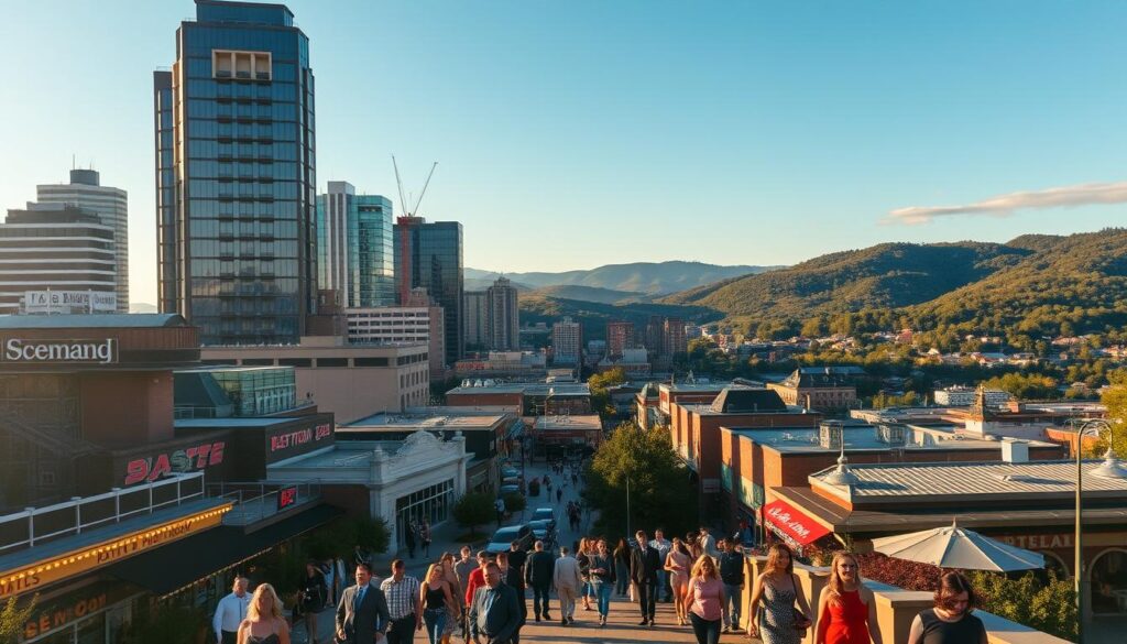 Cityscape of vibrant, bustling metropolitan areas surrounding the scenic Lake Ozark, Missouri. Towering skyscrapers, bustling streets, and lively nightlife create an energetic atmosphere for singles seeking new dating opportunities. Warm afternoon sunlight casts long shadows, illuminating the façades of renowned restaurants, bars, and cultural attractions. In the foreground, stylishly dressed people stroll and mingle, while in the distance, rolling hills and forests frame the urban landscape. A dynamic, visually striking scene captured through a wide-angle lens, inviting the viewer to explore the diverse dating destinations within reach of the Lake Ozark community.