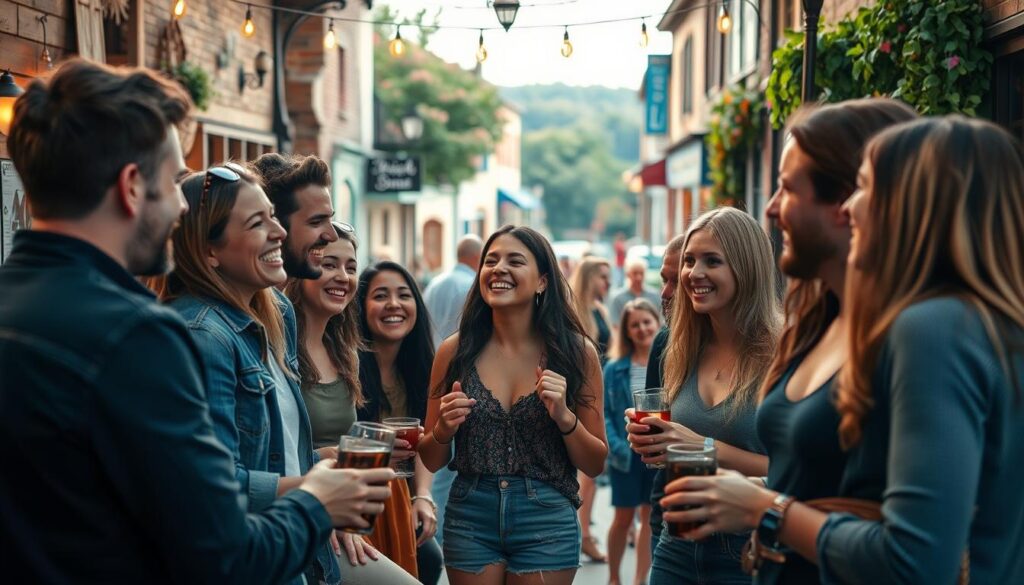 A lively social gathering in the charming town of Marthasville, Missouri. In the foreground, a diverse group of young singles engage in animated conversation, their faces alight with warm smiles and welcoming expressions. The middle ground features a cozy cafe or local hangout, its rustic decor and inviting atmosphere drawing in the community. In the background, the quaint streets of Marthasville are visible, with historic buildings and lush greenery setting the scene. Soft, natural lighting casts a gentle glow, creating a relaxed and inviting ambiance that encourages new connections and friendly interactions.