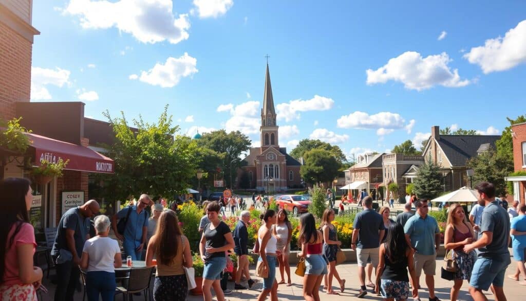 A lively town square in Marthasville, Missouri, bathed in warm afternoon sunlight. In the foreground, a diverse group of young adults engaged in lively conversation, their body language open and inviting. A bustling cafe spills out onto the sidewalk, the scent of freshly brewed coffee and pastries filling the air. In the middle ground, a community garden overflows with vibrant flowers and lush greenery, providing a serene backdrop. In the distance, the steeple of a historic church towers, framed by a clear blue sky dotted with fluffy white clouds. An overall atmosphere of friendly, small-town charm and ample opportunity to meet new people.