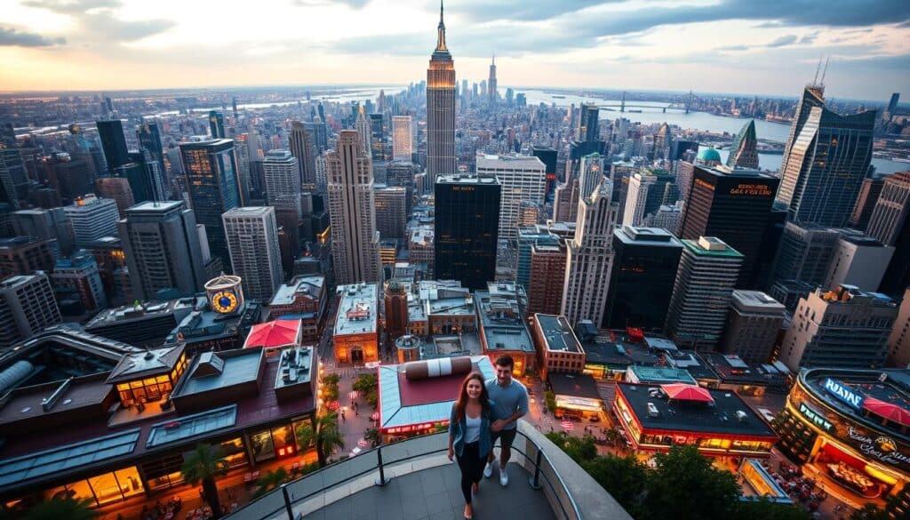 An expansive cityscape with towering skyscrapers, bustling streets, and vibrant nightlife. In the foreground, a couple strolling hand-in-hand, enjoying the dynamic urban environment. The middle ground showcases a variety of restaurants, cafes, and entertainment venues, each inviting singles to explore and mingle. In the background, a collage of nearby cities' iconic landmarks, blending seamlessly to create a diverse and enticing dating landscape. The scene is bathed in a warm, golden glow, evoking a sense of excitement and possibility. The overall atmosphere is one of energy, potential, and the promise of new connections.