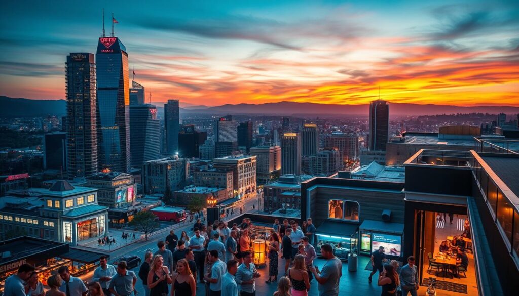 A bustling cityscape, with towering skyscrapers and neon-lit streets, set against a backdrop of rolling hills and a vibrant sunset sky. In the foreground, a lively urban square, filled with stylishly dressed young people socializing, laughing, and enjoying the vibrant nightlife. Sleek modern architecture, trendy cafes, and chic boutiques line the streets, creating an atmosphere of energy and connection. The scene is captured through a wide-angle lens, with a shallow depth of field, emphasizing the depth and scale of the city. The lighting is warm and inviting, creating a welcoming and inviting mood, perfect for those seeking new social connections in the nearby cities surrounding Forsyth, Missouri.