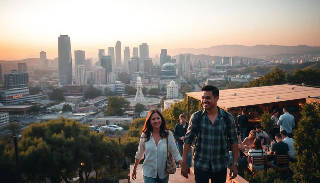 A bustling city skyline with modern high-rises and an abundance of restaurants and entertainment venues, set against a warm, golden-hour glow. In the foreground, a couple strolls hand-in-hand down a tree-lined street, dressed casually but stylishly, their expressions conveying a sense of connection and contentment. The middle ground features a lively outdoor café, where groups of friends and couples enjoy drinks and conversation, creating a vibrant, social atmosphere. In the background, the silhouettes of rolling hills and a gentle, hazy sunset complete the picturesque scene, capturing the essence of a thriving, romantic city just a short distance from Lawson.