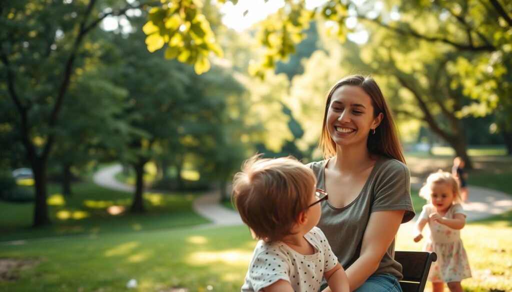 A warm, afternoon scene in a picturesque Piedmont park. A young, casually dressed woman sits on a bench, smiling as she interacts with two children - a boy and a girl - playing nearby. The park is dotted with lush, verdant trees and a winding path in the background. Soft, natural lighting filters through the leaves, casting a gentle, golden glow over the serene setting. The woman's expression is one of genuine warmth and engagement, reflecting the joyful energy of the children at play. The overall mood is welcoming, relaxed, and evocative of the close-knit community spirit of Piedmont.