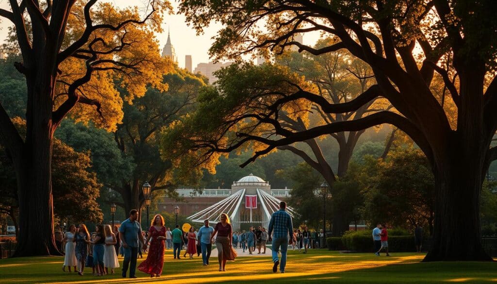 A bustling city skyline with Sugar Creek's iconic landmarks in the background, bathed in warm, golden hour lighting. In the foreground, a lively city park filled with couples strolling hand-in-hand, enjoying the vibrant atmosphere. Towering oak trees and lush greenery frame the scene, creating a cozy, intimate setting perfect for a romantic date. The image has a cinematic, wistful quality, capturing the charm and energy of a thriving city just a stone's throw away from the peaceful sanctuary of Sugar Creek.
