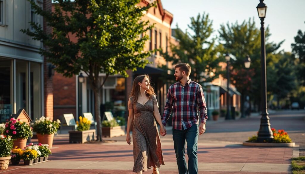 a romantic couple strolling hand-in-hand down a charming street in the quaint town of Sugar Creek, Missouri, the afternoon sunlight casting a warm glow on the historic brick buildings and lush, tree-lined sidewalks, creating a cozy, intimate atmosphere perfect for a first date or a leisurely weekend outing, the pair pausing to admire the blooming flower beds and unique boutique shops that line the picturesque main street, their expressions reflecting the joy and excitement of discovering new experiences together in this idyllic Midwestern setting