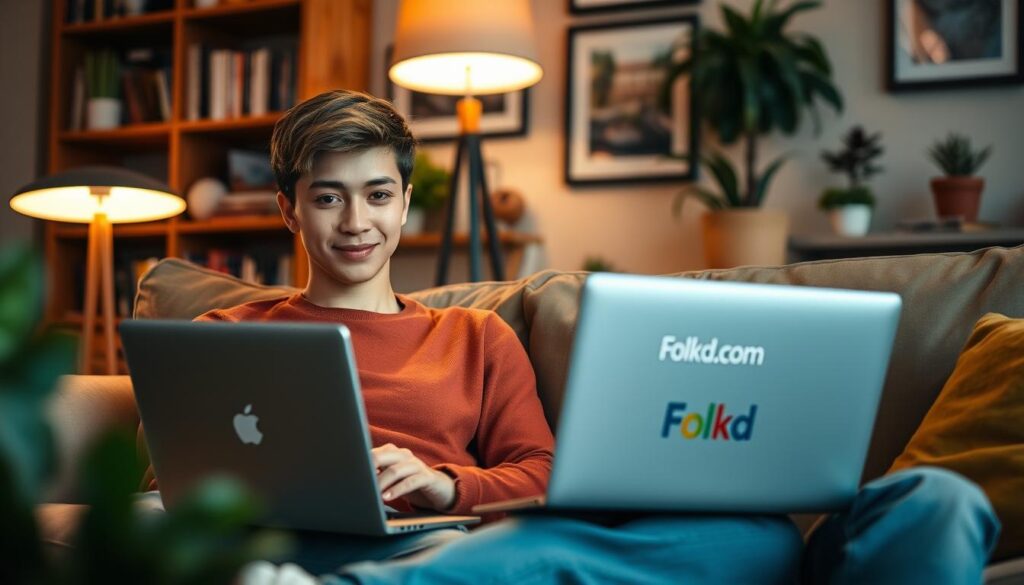 A cozy living room scene with a young adult sitting on a comfortable couch, laptop open, browsing the Folkd.com dating website. Warm, soft lighting from a table lamp creates a welcoming atmosphere. The background features bookshelves, framed artwork, and potted plants, conveying a sense of a relaxed, homey environment. The user's expression is one of engaged interest, suggesting a positive, hopeful experience with online dating on Folkd.com. The composition highlights the easy, casual nature of using the platform to connect with potential matches in the local Clever, Missouri community.