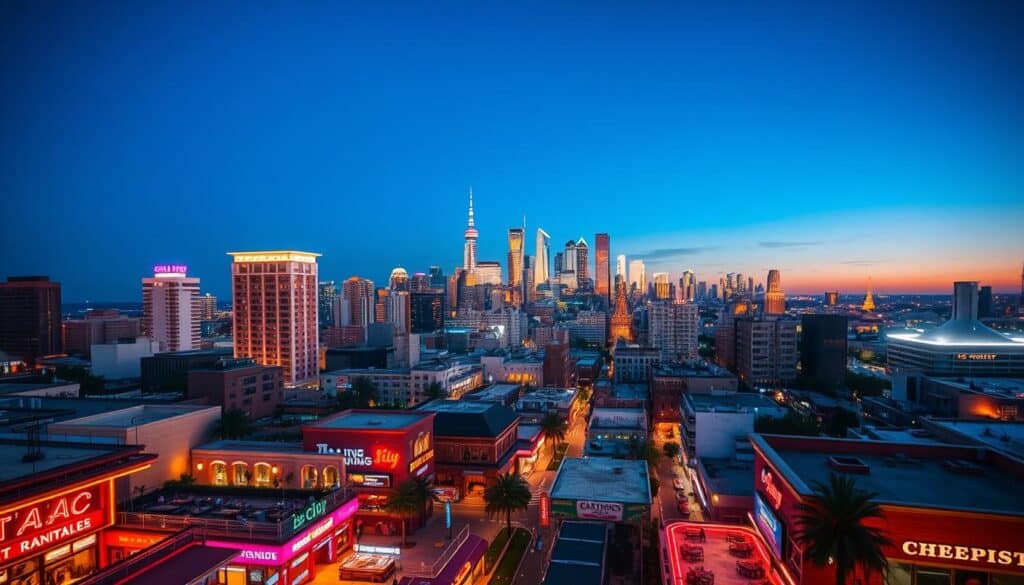 A vibrant cityscape showcasing the bustling nightlife and entertainment options of several neighboring cities, perfect for singles seeking new dating opportunities. The foreground features a lively downtown area with neon-lit bars, cafes, and trendy restaurants, while the middle ground highlights modern high-rise buildings and public spaces. In the background, a range of distinct skylines and landmarks create a sense of geographic diversity, inviting exploration. The scene is bathed in a warm, golden glow, conveying an inviting and energetic atmosphere. Shot with a wide-angle lens to capture the scale and scope of the urban landscape, this image inspires the viewer to venture beyond their local dating pool and discover the exciting dating possibilities in nearby cities.