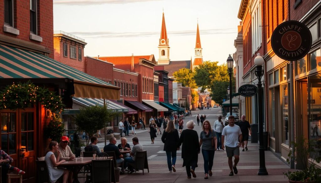 A cozy downtown street in Chaffee, Missouri, bathed in warm, golden-hour lighting. In the foreground, a charming cafe with outdoor seating, couples enjoying coffee and conversation. In the middle ground, people strolling hand-in-hand, window-shopping at local boutiques. The background is a picturesque Main Street, historic brick buildings, and the occasional church steeple peeking through. The atmosphere is relaxed and inviting, perfect for a casual, first-date stroll or a romantic evening out.