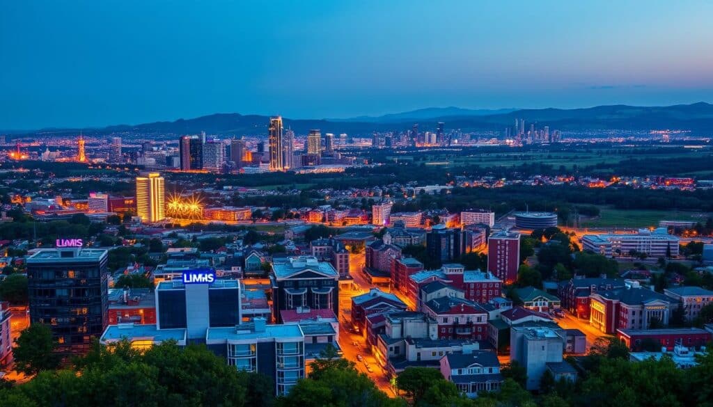 A vibrant cityscape at dusk, featuring the skylines of nearby cities that would appeal to singles. In the foreground, a bustling urban center with modern high-rises and neon-lit nightlife. The midground showcases diverse neighborhoods, each with its own unique character and energy. In the background, a picturesque landscape of rolling hills, lush parks, and the silhouettes of distant skyscrapers. Warm, inviting lighting illuminates the scene, creating a lively and welcoming atmosphere. The composition emphasizes the variety and dynamism of these nearby cities, enticing singles to explore their diverse nightlife, cultural attractions, and social opportunities.
