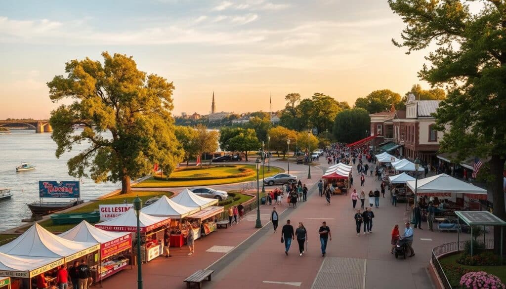 A vibrant riverfront scene of Louisiana, MO in the golden hour. In the foreground, lively festival stalls line the banks, bustling with locals and visitors sampling delectable regional cuisine and artisanal crafts. Colorful banners and decorations sway gently in the soft breeze. In the middle ground, people stroll along the paved riverwalk, admiring the picturesque views of the tranquil Missouri River. Towering trees and well-manicured parks create a peaceful, park-like atmosphere. In the background, the historic downtown skyline of Louisiana is bathed in a warm, golden glow, hinting at the charming small-town ambiance that makes this community so alluring for singles seeking an authentic dating experience.