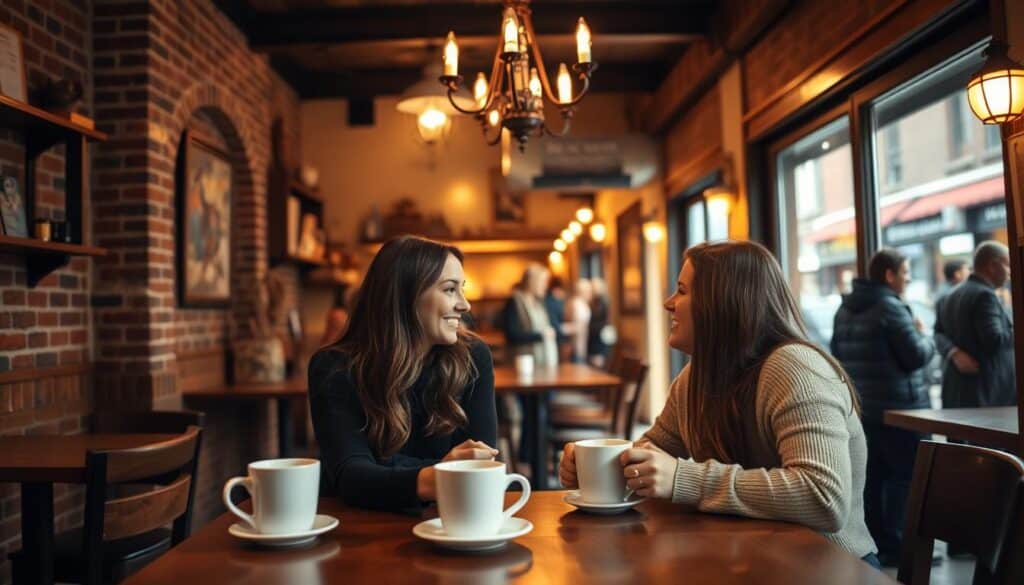 A cozy cafe interior in Breckenridge Hills, Missouri, with a couple on a first online date. The foreground features the two singles, casually engaged in conversation over cups of coffee, their faces softly lit by a warm, ambient glow. The middle ground showcases the quaint, rustic decor of the cafe - exposed brick walls, wooden tables, and a charming vintage chandelier. The background depicts the bustling street outside, with people strolling by, creating a sense of activity and liveliness. The overall mood is one of intimate connection, comfort, and the promise of new beginnings.