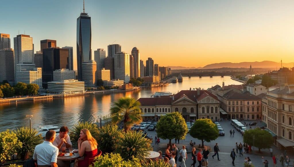 A bustling city skyline at golden hour, with towering skyscrapers and gleaming glass facades reflected in the calm waters of a river. In the foreground, a lively outdoor cafe setting with couples enjoying drinks and conversation, surrounded by lush greenery and stylish pedestrians. The middle ground features a picturesque town square, with historic architecture, bustling street life, and inviting shops and restaurants. In the distance, a hazy mountainous horizon, hinting at the natural beauty that surrounds this vibrant urban landscape, an ideal setting for a memorable date night.