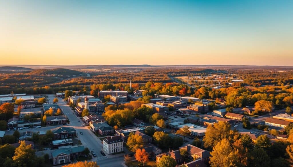 A vibrant aerial view of the cities surrounding Rogersville, Missouri, captured through a wide-angle lens with a warm, golden-hour glow. In the foreground, the quaint downtown of Rogersville comes into focus, with its historic buildings and bustling streets. Further in the middle ground, neighboring towns and suburbs stretch out, each with its own distinct character and charm. In the background, the rolling hills and lush forests of the Ozarks region frame the scene, creating a picturesque and inviting atmosphere for singles seeking new connections and experiences.