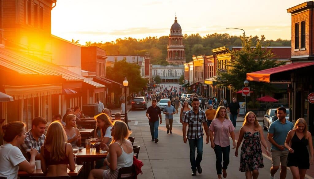 A bustling street in the heart of Waynesville, Missouri, bathed in the warm glow of sunset. In the foreground, a group of young singles mingling at a lively outdoor cafe, drinks in hand and laughter filling the air. In the middle ground, couples strolling hand-in-hand past quaint shops and storefronts, the local dating scene in full swing. In the background, a picturesque town square surrounded by historic buildings, creating a charming and inviting atmosphere. The scene is captured with a cinematic, wide-angle lens, highlighting the vibrant community and the vibrant energy of the local dating scene.