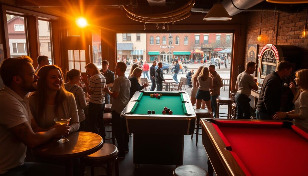 A lively and intimate scene of the local dating culture in a small Midwestern town. In the warm golden glow of a sunset, a diverse group of singles mingle at a cozy neighborhood bar. In the foreground, a couple laughs over craft cocktails, while others gather at high-top tables, engaged in lively conversation. The middle ground features a pool table where friends playfully challenge each other, the click of the balls punctuating the upbeat indie music spilling from the jukebox. Through the front windows, the town square is visible, with couples strolling hand-in-hand and groups of friends gathering on the benches. An atmosphere of casual community and hopeful connection pervades the frame, capturing the spirit of the local dating scene.