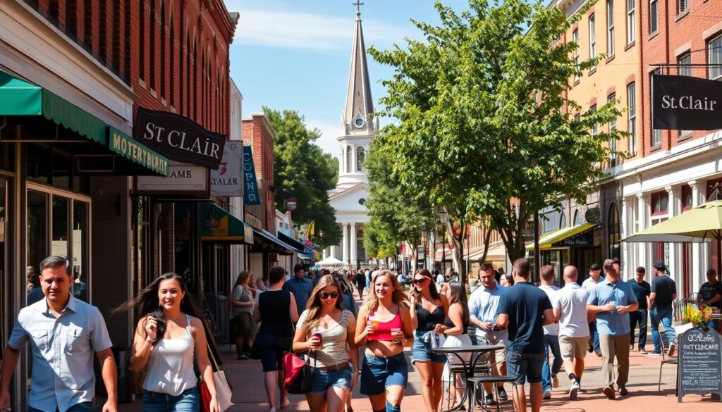 A bustling downtown street in St. Clair, Missouri, bathed in warm afternoon sunlight. In the foreground, a group of young, stylishly dressed singles stroll past charming local shops and cafes, engaged in lively conversation. The middle ground features a lively outdoor seating area, where others sip drinks and mingle. In the background, the steeple of a historic church rises above the tree-lined streets, creating a picturesque small-town ambiance. The scene conveys a sense of community, relaxation, and the potential for casual encounters and new connections among the vibrant single residents of this Midwestern gem.