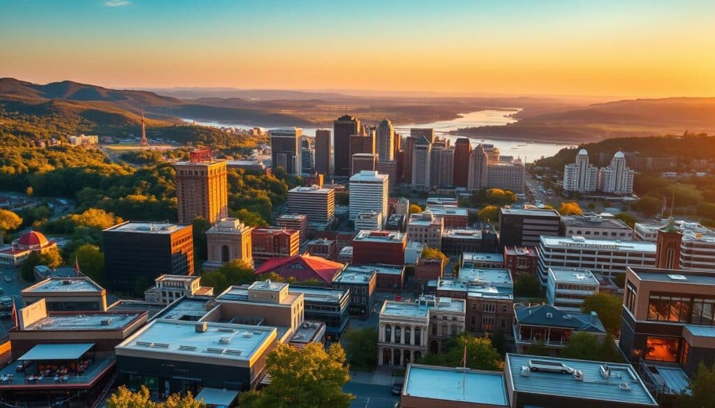 A vibrant cityscape showcasing the top nearby dating destinations for singles in St. Clair, Missouri. In the foreground, a bustling downtown area with lively cafes, trendy bars, and cozy date night spots. In the middle ground, towering skyscrapers and modern architecture, hinting at the cosmopolitan atmosphere. The background features rolling hills, lush forests, and a picturesque river, capturing the natural beauty surrounding the cities. The scene is bathed in warm, golden lighting, creating a romantic, inviting ambiance. The overall composition conveys a sense of energy, opportunity, and the perfect backdrop for singles to explore and connect.