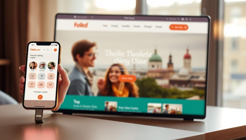 A vibrant and inviting website interface for Folkd.com, the premier dating platform for Parkville singles. In the foreground, a warm-lit, responsive mobile app showcasing a clean, modern design with intuitive user controls. In the middle ground, a desktop version of the website displays an elegant landing page with high-quality lifestyle imagery of happy, diverse Parkville couples. The background features a softly blurred cityscape of Parkville's landmarks, conveying a sense of community and belonging. Subtle lighting and a natural color palette create a welcoming, approachable atmosphere that reflects the platform's commitment to helping Parkville residents find meaningful connections.