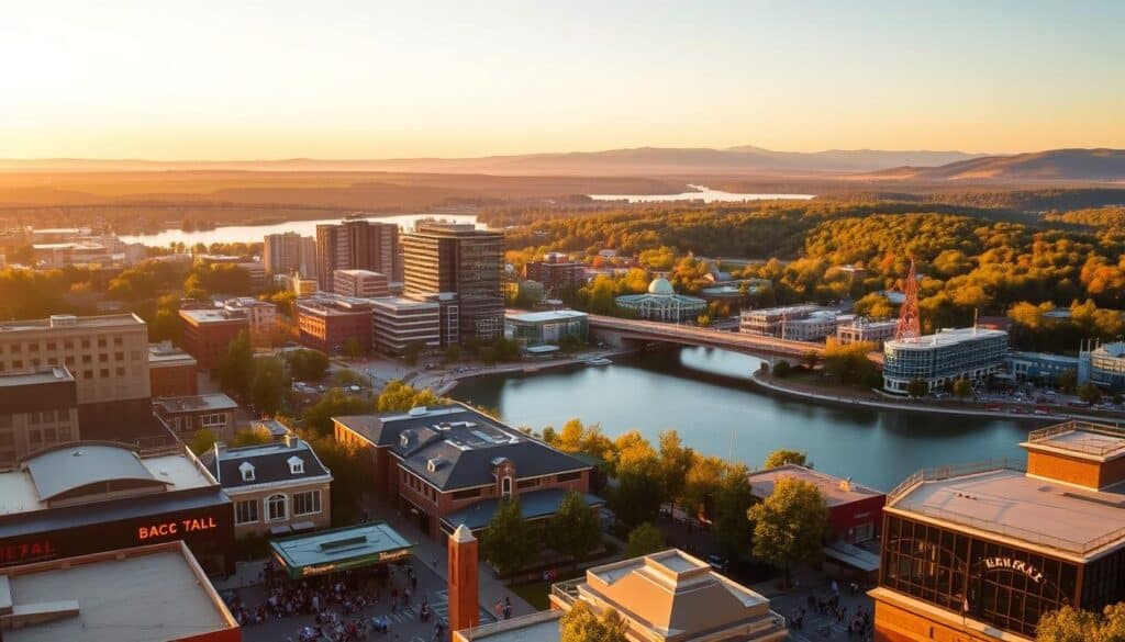 A serene cityscape at golden hour, showcasing the top nearby cities for dating near Boonville, Missouri. In the foreground, a bustling downtown with trendy cafes, cozy restaurants, and lively crowds. The midground features modern high-rises and landmarks, their reflections shimmering in a tranquil river. In the distance, rolling hills and lush forests create a picturesque backdrop, hinting at the abundance of outdoor activities and natural beauty nearby. Warm, soft lighting casts a romantic glow, inviting viewers to imagine the possibilities for memorable dates in these vibrant, thriving cities.