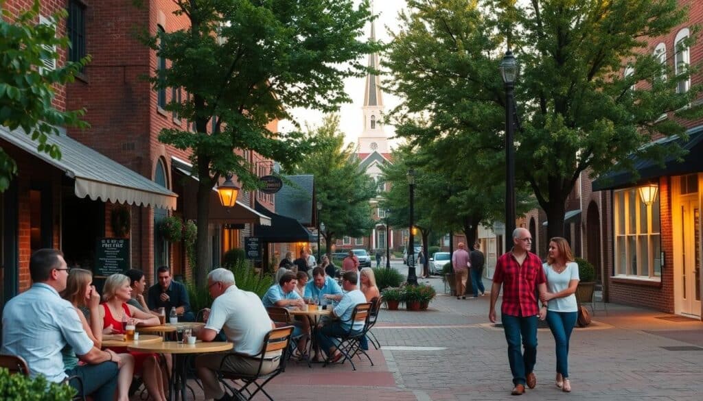 A charming outdoor cafe in downtown Boonville, Missouri. Couples and friends gather around small bistro tables, enjoying local craft beers and conversation in the soft, golden light of dusk. The historic brick buildings and lush trees create a cozy, intimate atmosphere. A couple strolls by, hand-in-hand, on the cobblestone sidewalk. In the background, the steeple of a quaint church rises above the rooftops. The scene captures the relaxed, friendly vibe of this Midwestern town, perfect for singles to mingle and connect.
