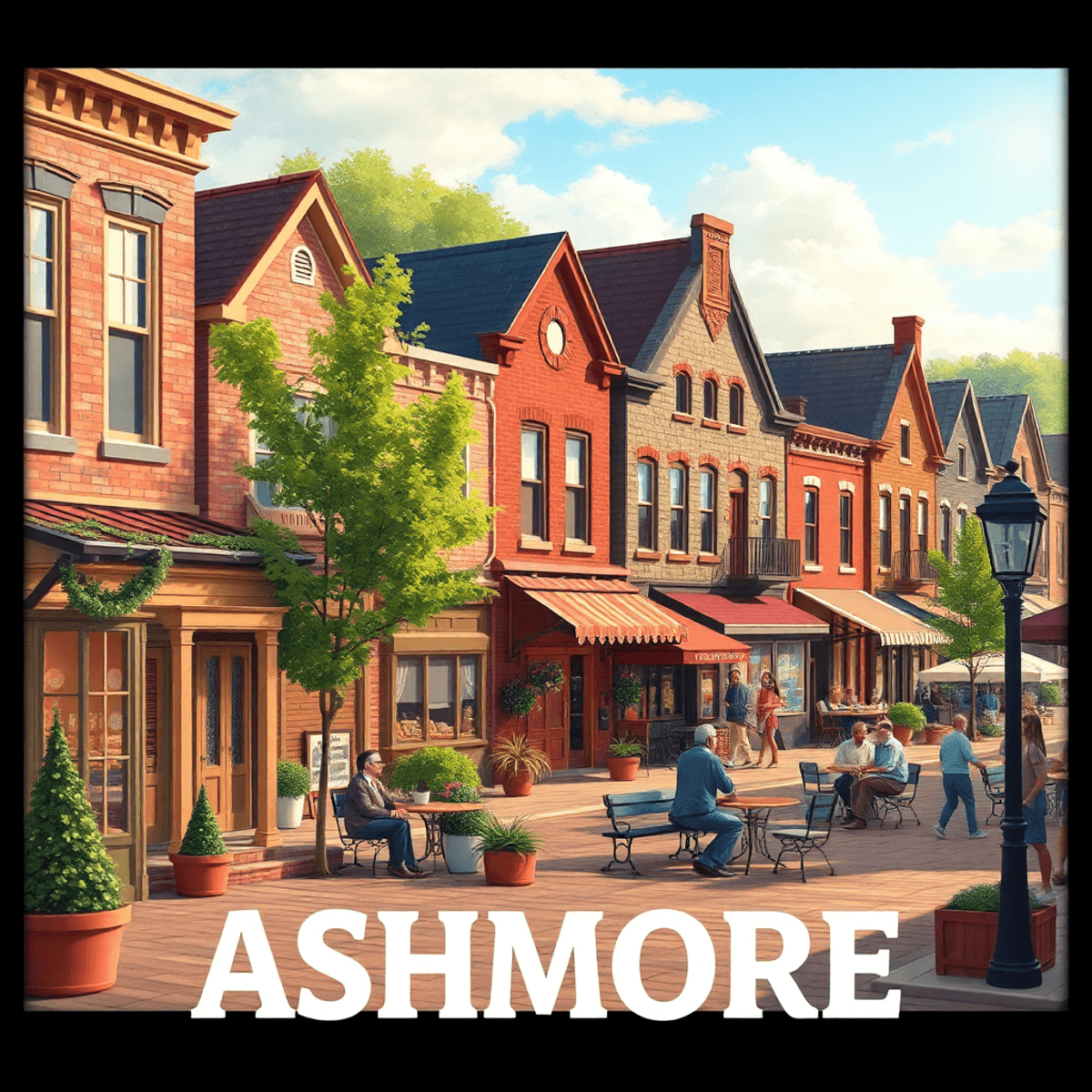 A charming small town scene in Ashmore, Illinois, showcasing cozy cafes and parks, with a warm atmosphere that invites community engagement and con...