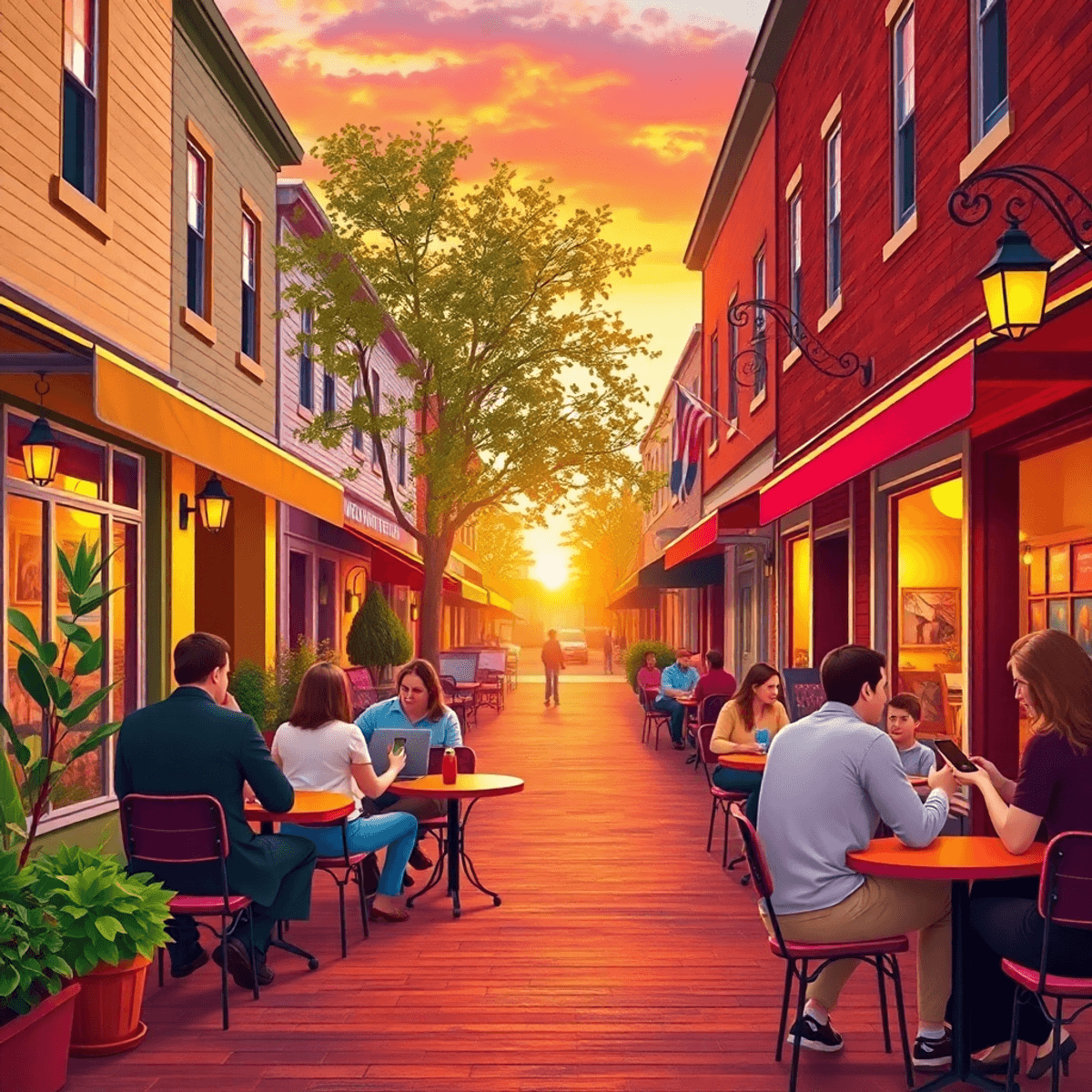 A charming small-town street in New Haven, Illinois, with cozy cafes, outdoor seating, people using smartphones, and a warm sunset creating a roman...