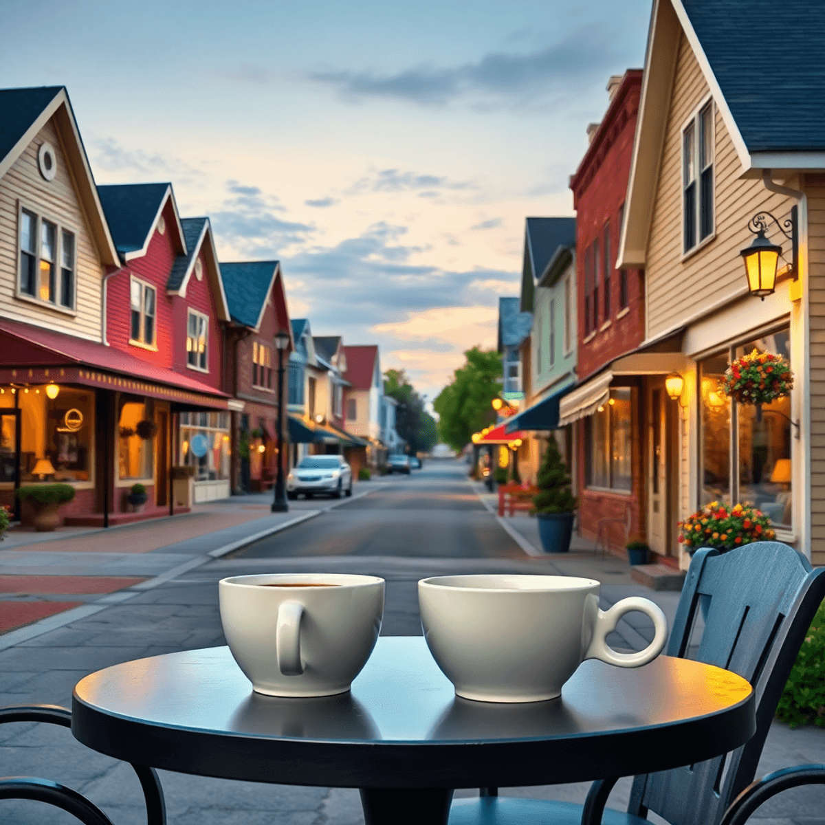 A charming small-town street in Altona, Illinois, with cozy houses and warm lighting. Two coffee cups sit on an outdoor café table, suggesting inti...