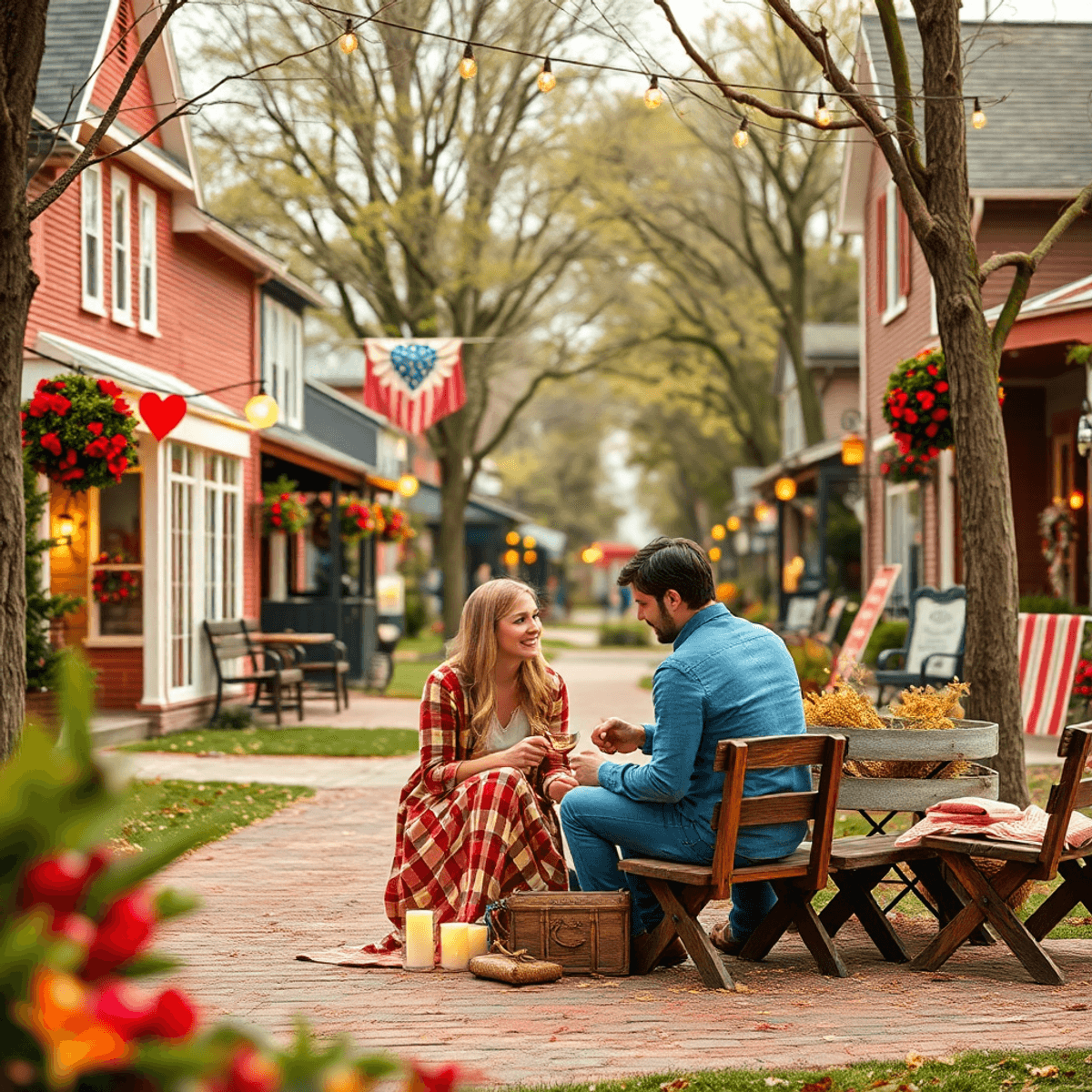 A cozy park scene in Potomac, Illinois, with a couple enjoying a romantic picnic amidst greenery and seasonal decorations, exuding warmth and conne...
