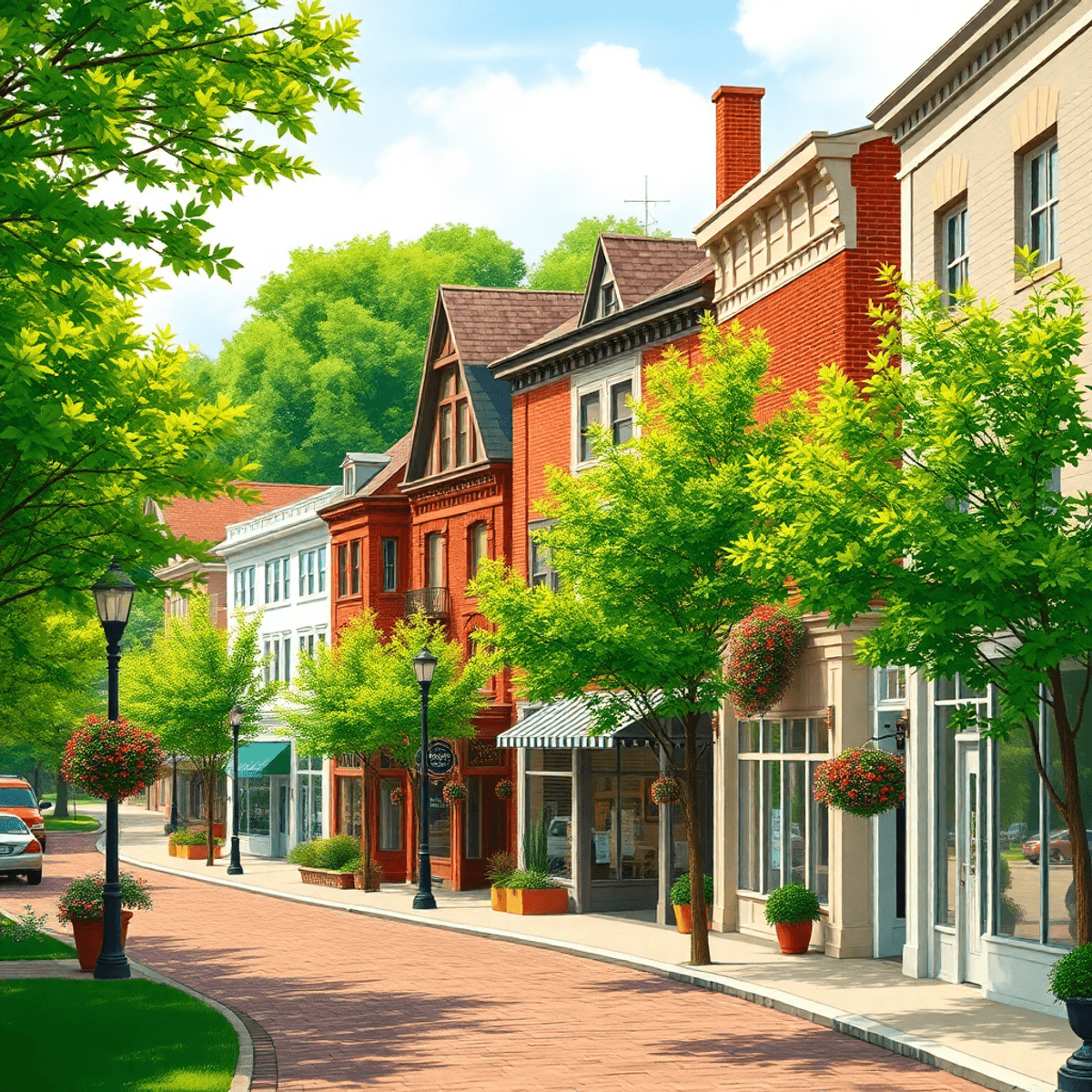 A charming small-town street in Ringwood, Illinois, showcasing historic and modern architecture, lush greenery, tree-lined streets, and vibrant sea...