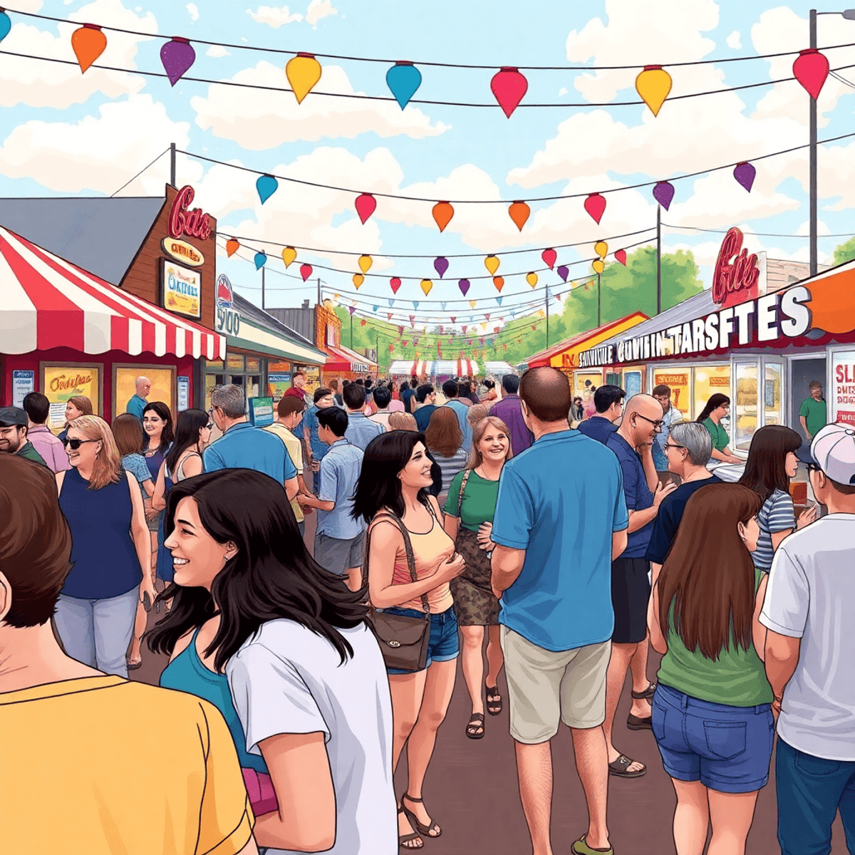 A lively small-town festival scene with people mingling, enjoying live music, food stalls, and carnival games, surrounded by festive decorations an...